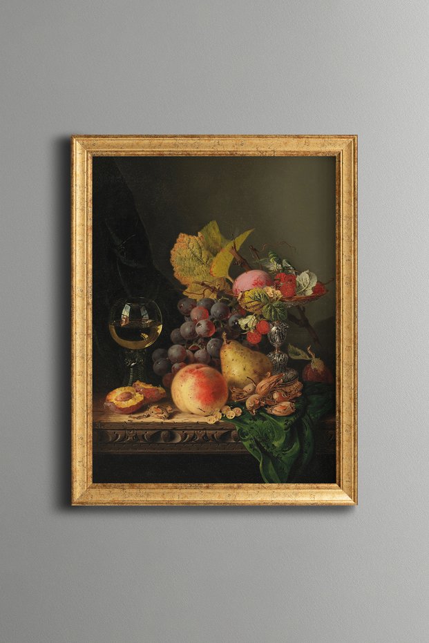 Floral Still Life with Grapes and Fruits - Vintage Patterned Painting - Fine Model