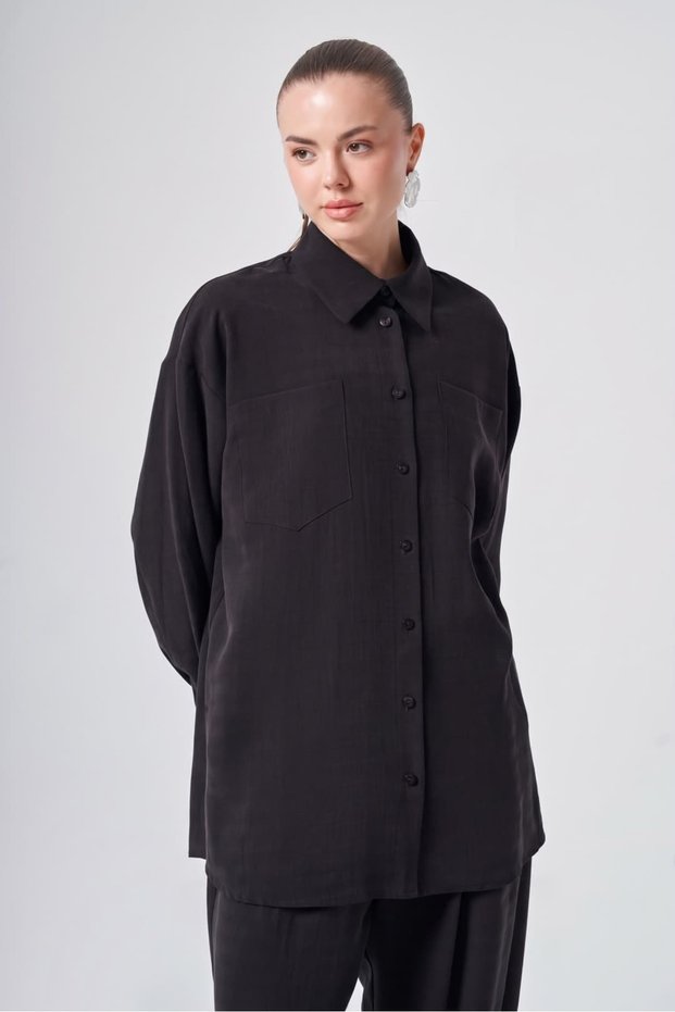 1092 Double Pocket Detail Self-Patterned Pants Suit Black