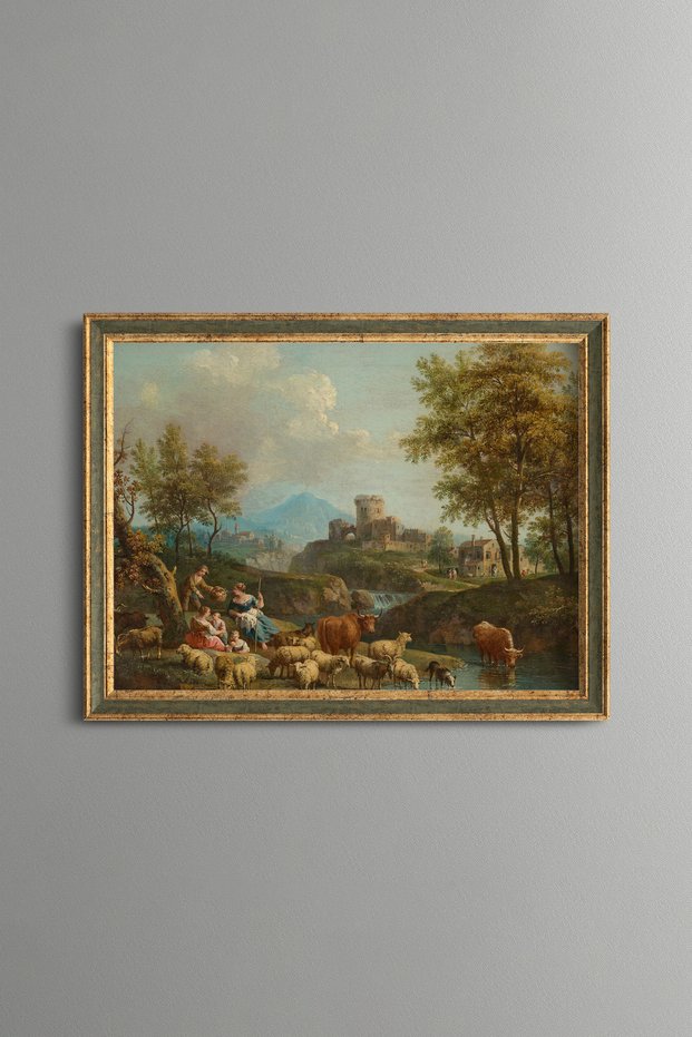 Cattle Herd and Shepherds under Trees - Vintage Patterned Painting - Fine Model