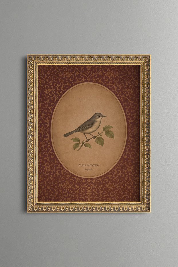 Oval Bird Illustration on a Burgundy Patterned Background - Vintage Patterned Painting - Fine Model