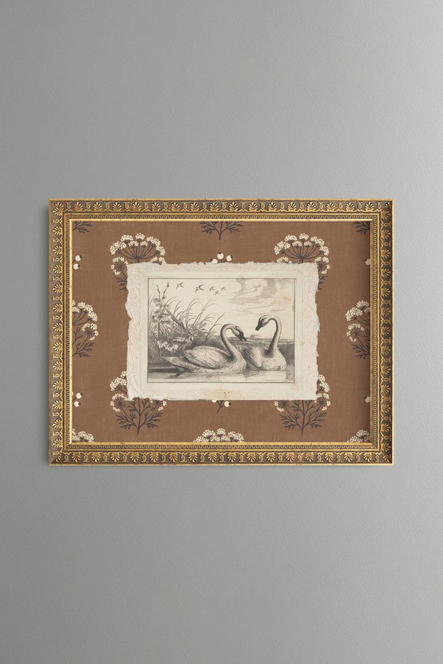 Swan Illustration among Floral Motifs - Vintage Patterned Painting - Fine Model