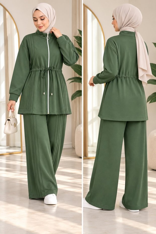 Women's Lalin Detailed Waist Drawstring Hijab Pants Set Khaki