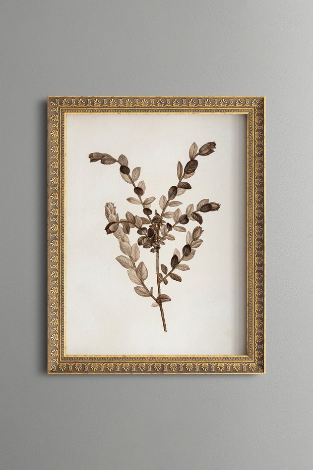 Brown Leafed Branch on Cream Background - Vintage Patterned Painting - Fine Model