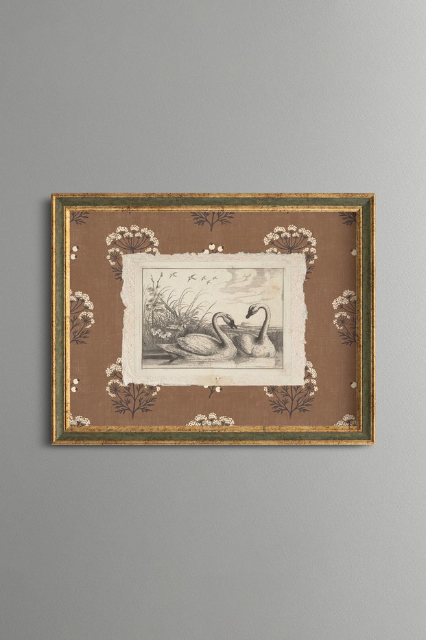 Swan Illustration among Floral Motifs - Vintage Patterned Painting - Fine Model