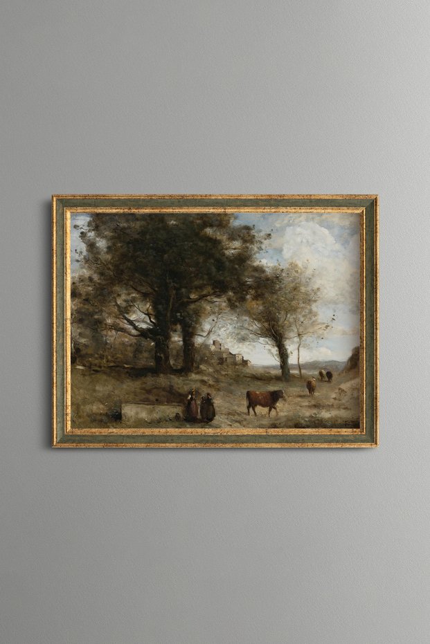 Trees and Grazing Animals in a Meadow - Vintage Patterned Painting - Fine Model