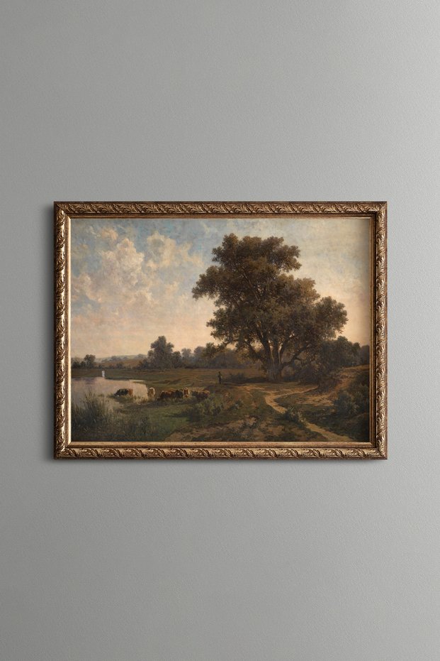 Country Life in the Shadow of the Great Tree - Vintage Patterned Painting - Fine Model