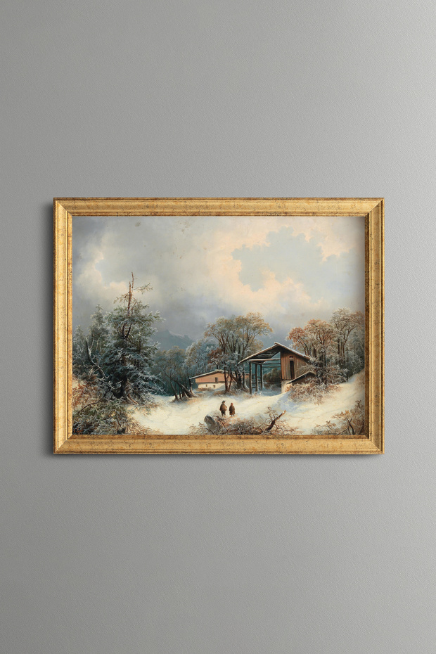 Horse Carriage on Snowy Village Road - Vintage Patterned Painting - Fine Model