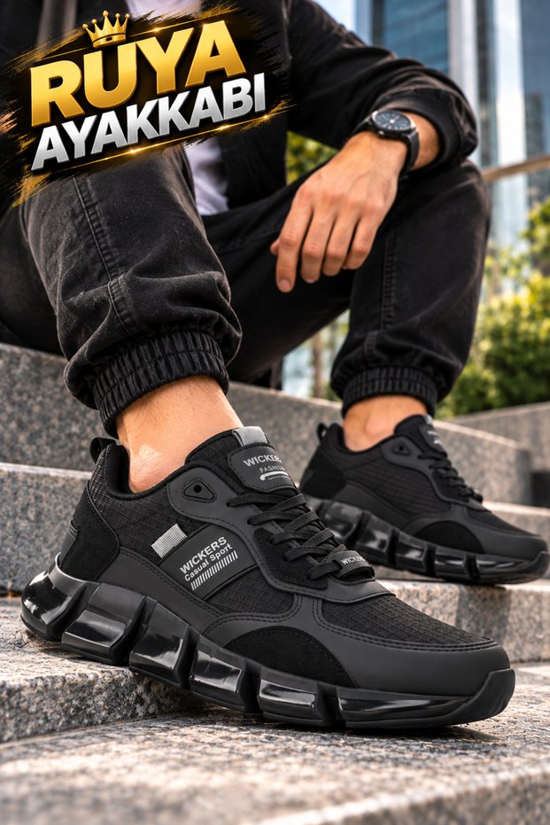 Men's Black Thick Soled Lace-Up Casual Sneaker Sports Shoes