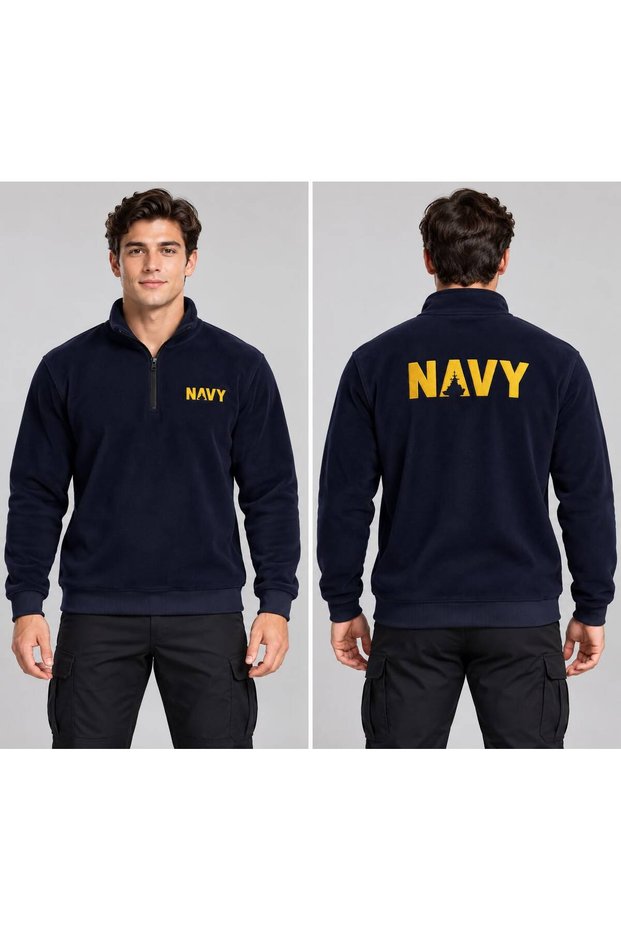 Men's Polar Sweatshirt Navy Blue Half Zipper Stand Collar Long Sleeve Printed
