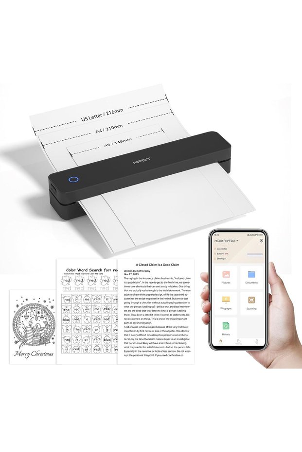 MT610Pro Portable Printer Wireless for Travel, 300DPI Thermal Inkless Mobile Bluetooth Printer, Support 8.5" X 11" US Letter&A4 Thermal Paper, Compatible with Android iOS Phone & Laptops Black