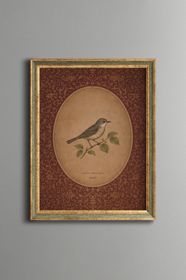 Oval Bird Illustration on a Burgundy Patterned Background - Vintage Patterned Painting - Fine Model