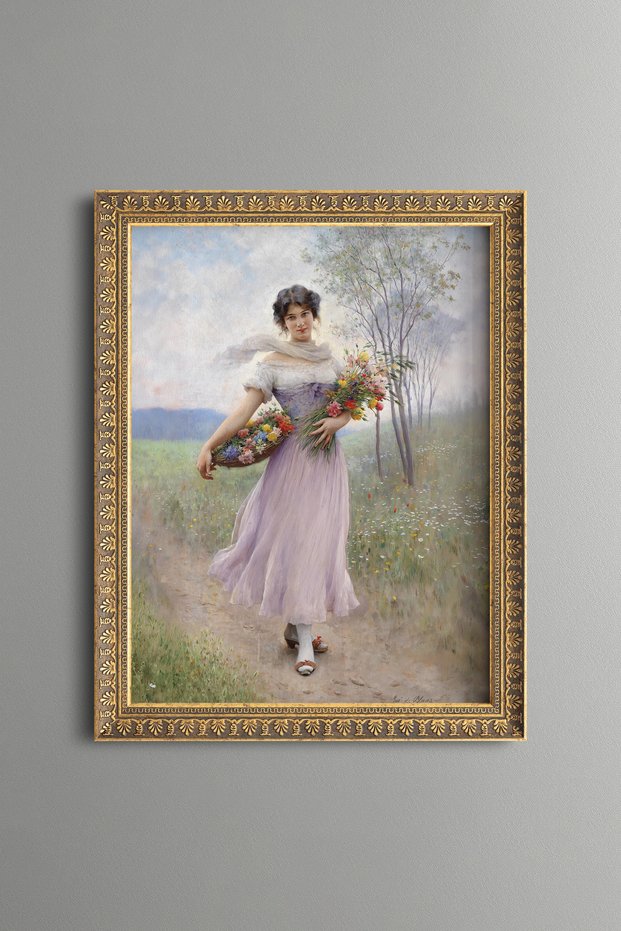 Woman in a Purple Dress Carrying Flowers in the Garden - Vintage Patterned Painting - Slim Model
