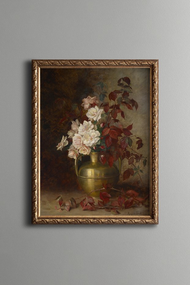 White and Red Flowers in a Brass Vase - Vintage Patterned Painting - Fine Model