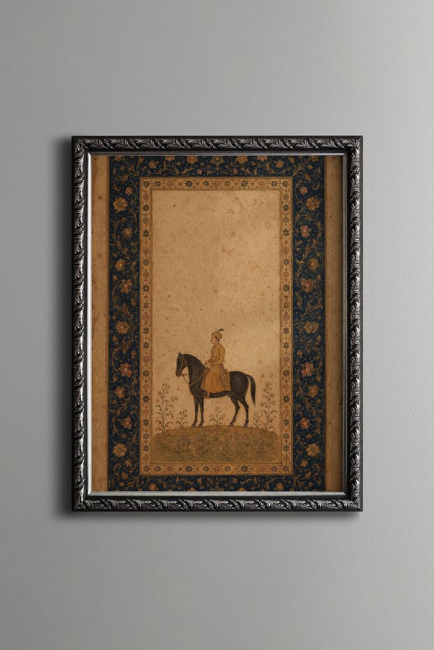 Navy Blue Border Miniature Horse Figure - Vintage Patterned Painting - Fine Model