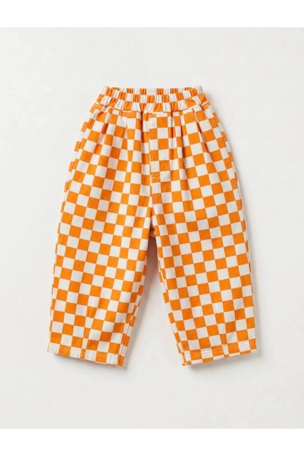 Unisex Children's Checkerboard Patterned Cotton Balloon Jean Trousers