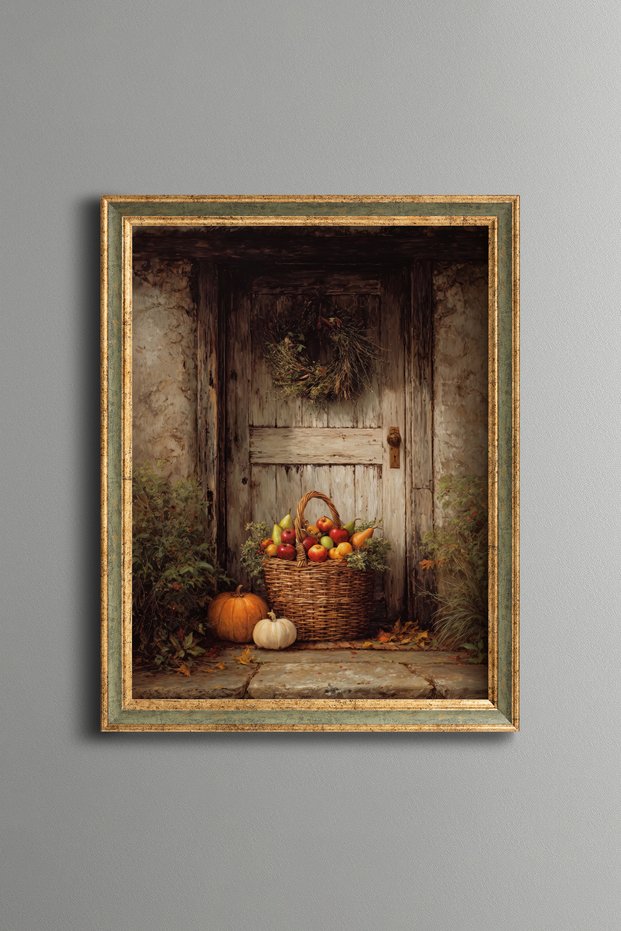 Harvest Basket in Front of Old Wooden Door - Vintage Patterned Painting - Fine Model