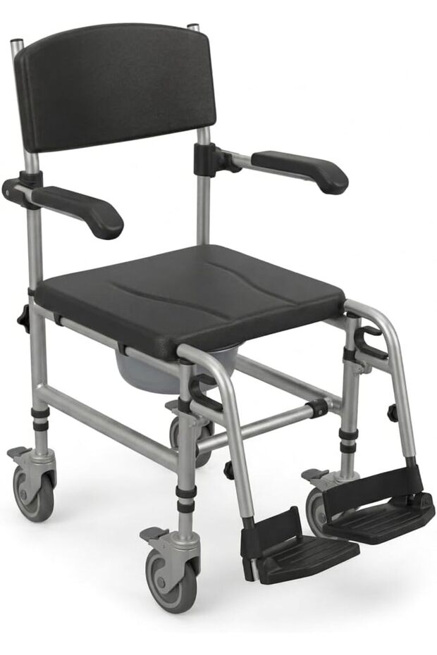 Bariatric Commode Wheelchair, 24-Inch Extra-Wide Seat, 2-in-1 Mobile Toilet Chair & Transport Aid, Height Adjustable, Flip-Back Arms, 180kg Capacity, Reinforced Aluminum Frame