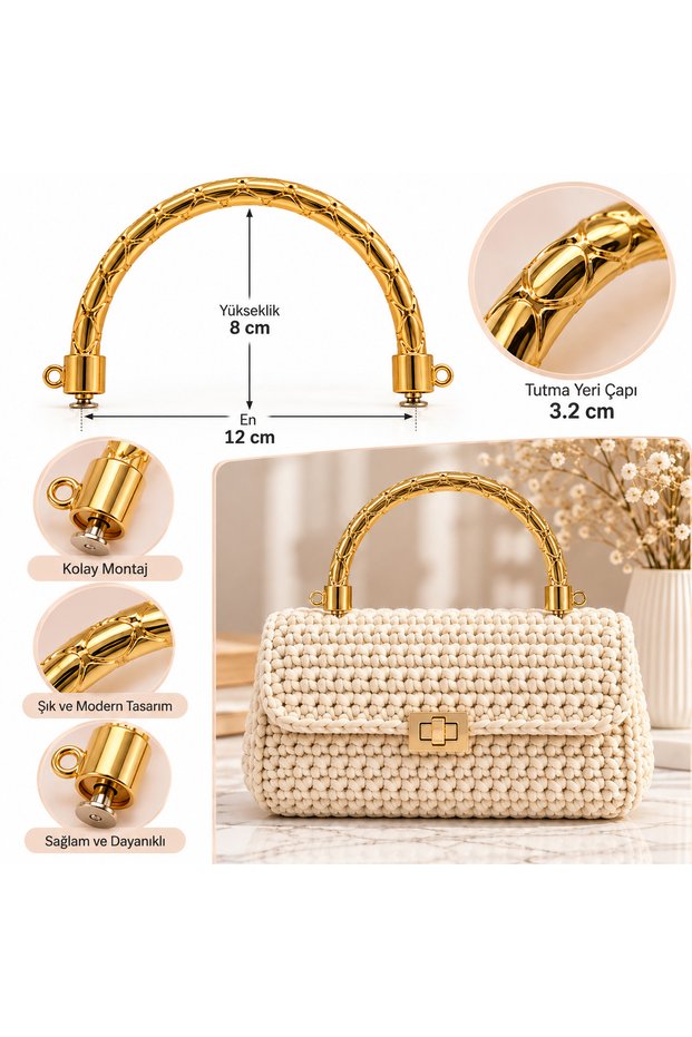 Patterned Gold Metal Bag Handle 12X8 cm – Golden Yellow Self-Ring Round Bag Handle