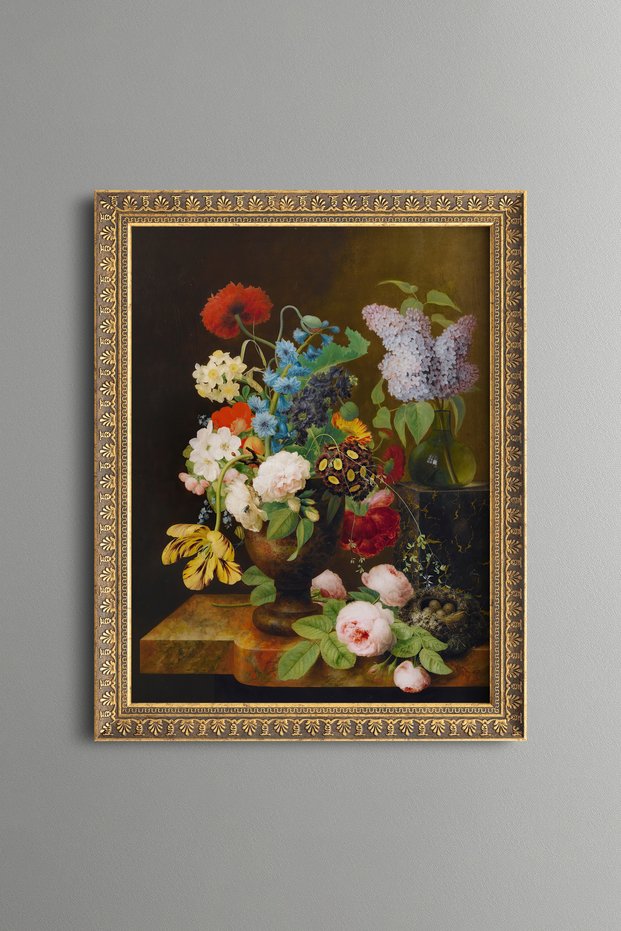 Red Tulips and White Flower Still Life - Vintage Patterned Painting - Fine Model