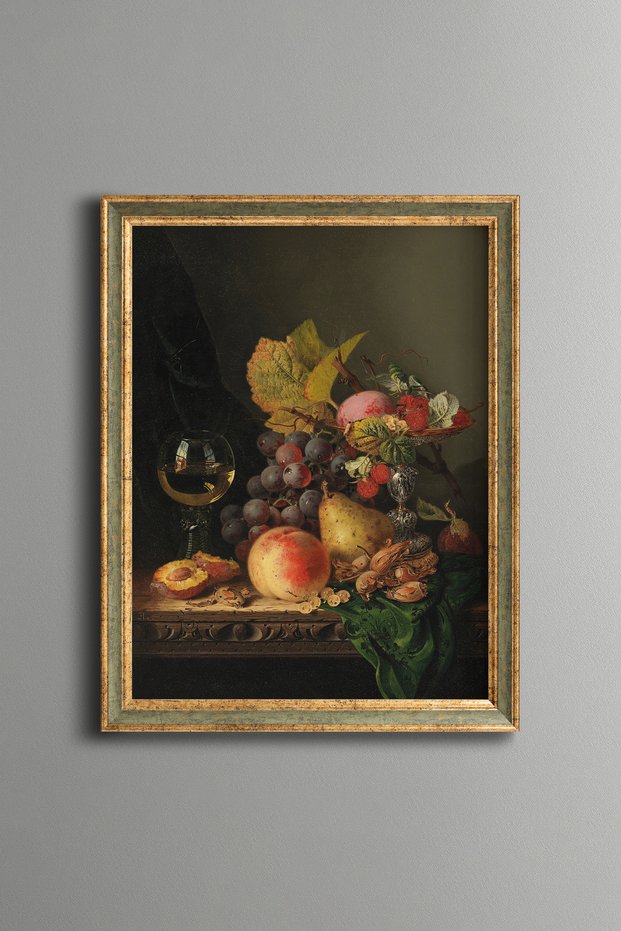 Floral Still Life with Grapes and Fruits - Vintage Patterned Painting - Fine Model