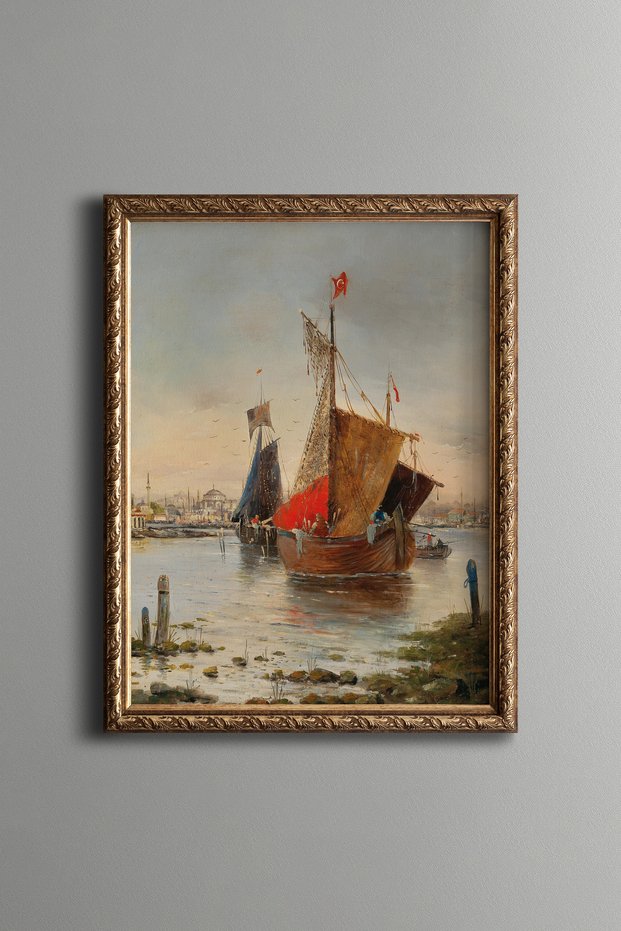 Red Sailboats Fishing Offshore - Vintage Patterned Painting - Fine Model
