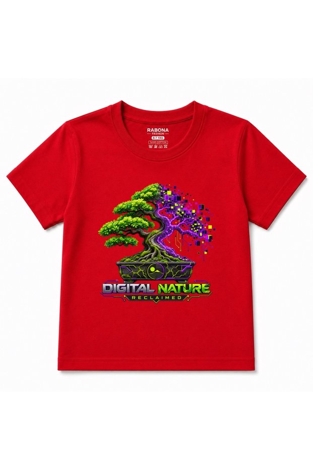 Digital Nature Reclaimed – Cyberpunk Bonsai Tree Kids Graphic T-Shirt