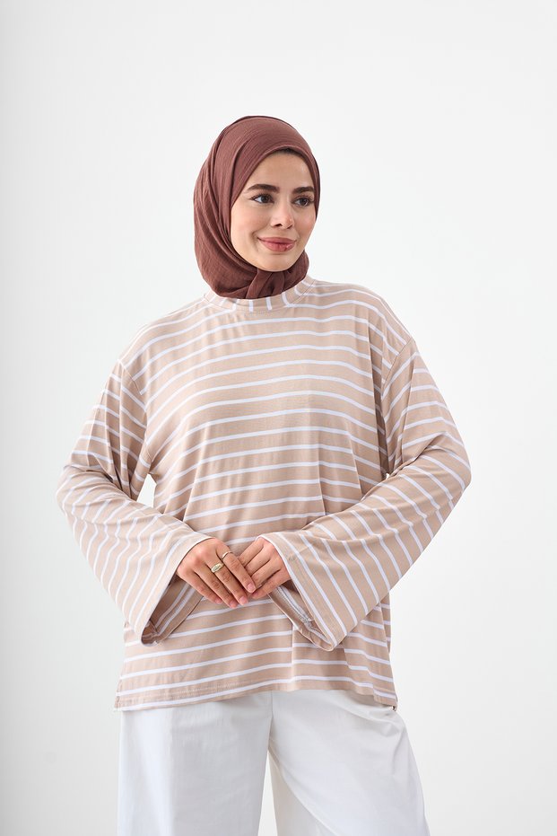 Women's Crew Neck Thick Striped Long Sleeve T-Shirt Mink