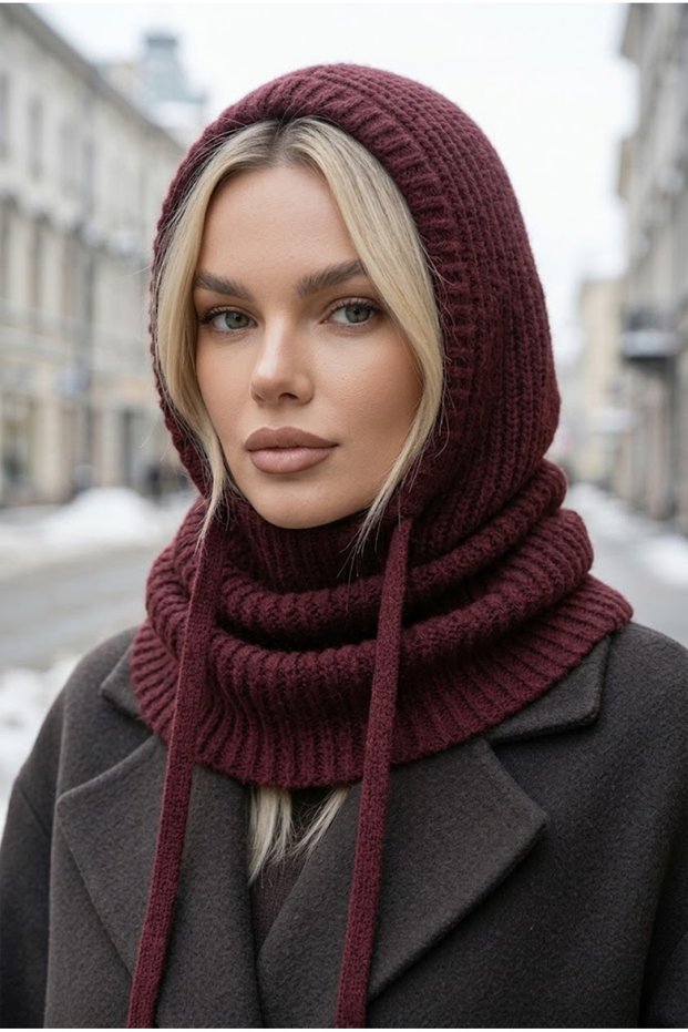 Women's Burgundy Knitted Balaclava Snow Mask Lace-Up Thick Ribbed Knitwear Hooded Beanie Neck Collar