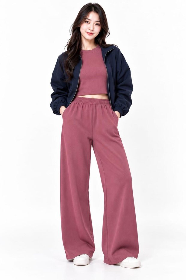 Women's Ribbed Knitted Fabric Crew Neck Crop Loose Fit Comfortable Tracksuit Set of 2