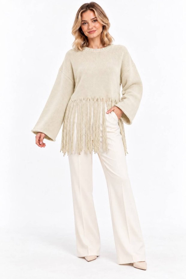 Women's Soft Textured Crew Neck Long Sleeve Tasseled Oversize Knitwear Sweater