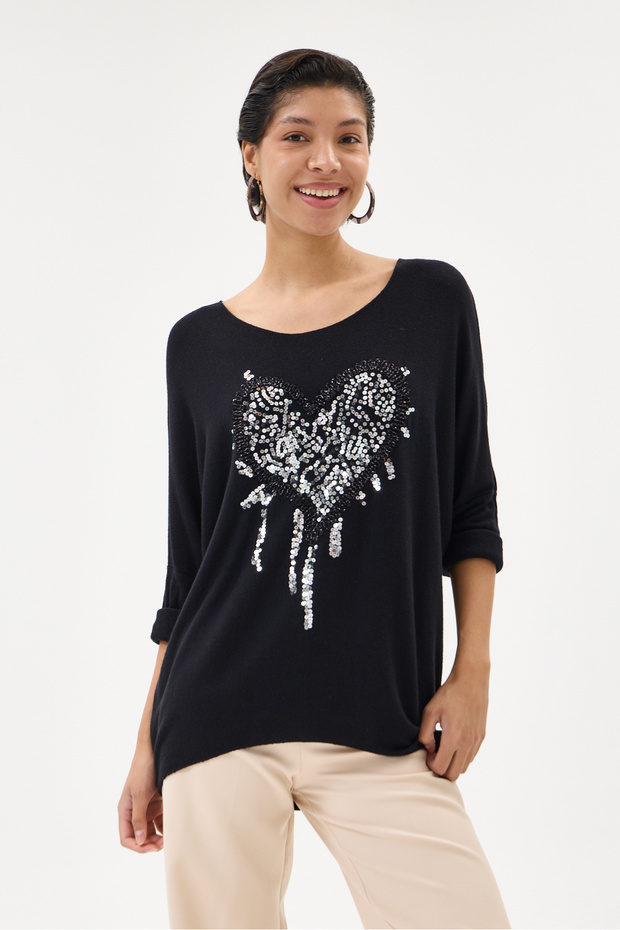 Women's Black Italian Heart Patterned Sequined Lycra Knitwear Sweater 40 - 46 Size