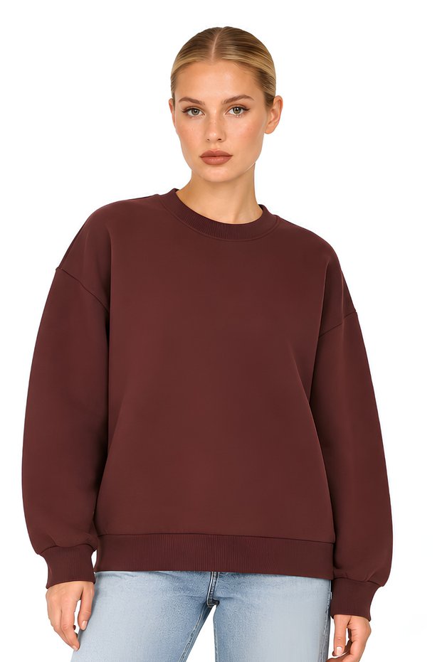 Brown Oversize Sweatshirt | Bicycle Collar | Low Shoulder Long Sleeve | 3 Yarns Thick Knitted Fabric with Raised Texture | Fleece-Lined Inside | Antique Faded Effect | Winter Casual Wear | Comfortable Fit