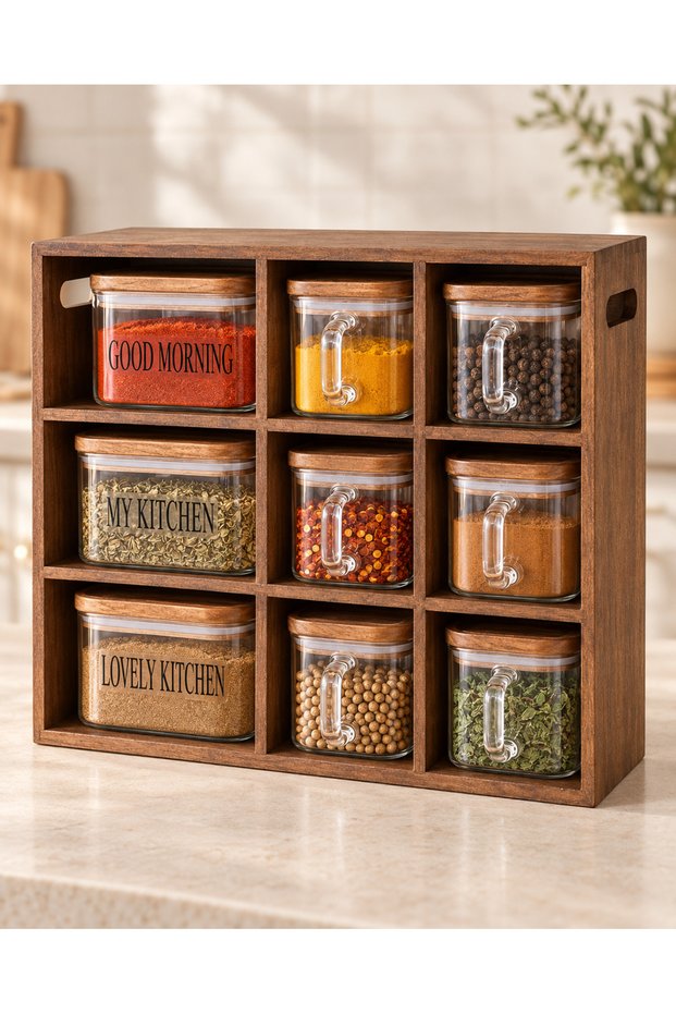 9-Piece Glass Spice Set with Acacia Wood Stand
