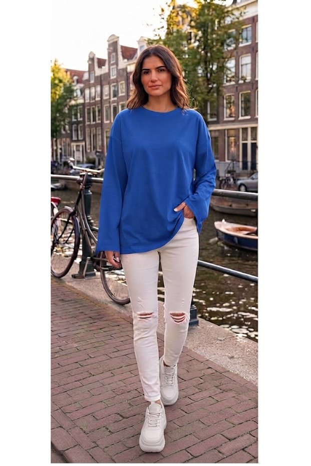 Long Sleeve Cotton T-Shirt Oversize Wide Sleeve Women's Loose Long Basic T-Shirt