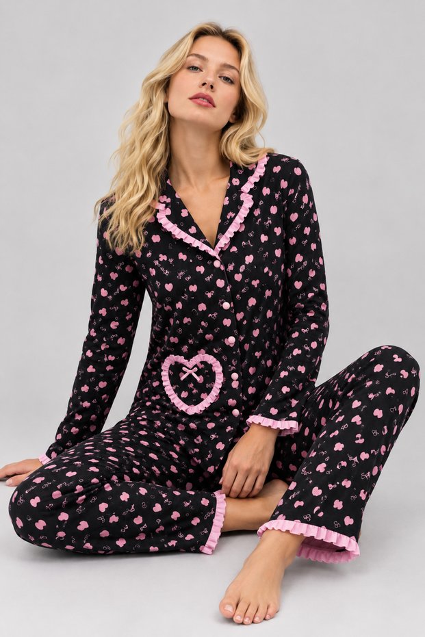 Women's Heart Patterned Ruffle Detailed Pocketed Buttoned Long Sleeve Pajama Set