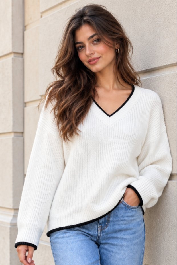 Women's White V-Neck Striped Knitwear Sweater