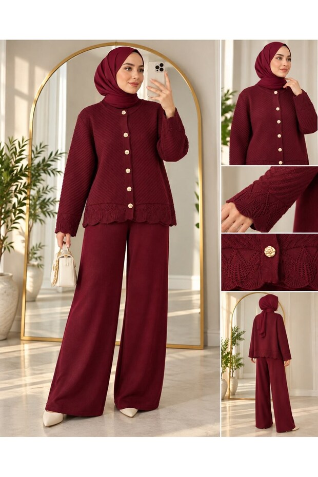 Women's Lavin Hakim Collar Knitwear Trouser Suit Burgundy