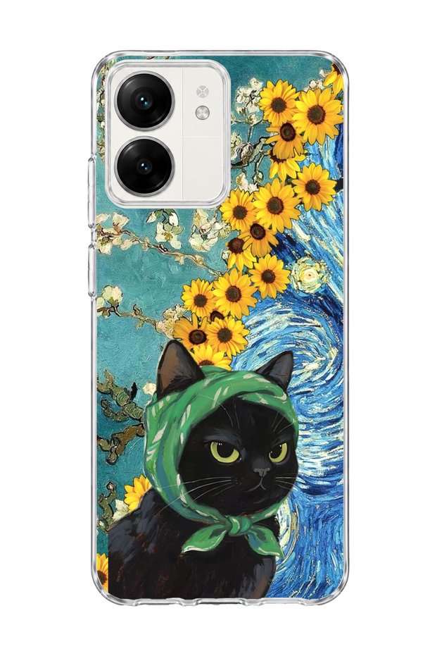 Redmi 13C Compatible Starry Night Black Cat Printed Transparent Phone Case