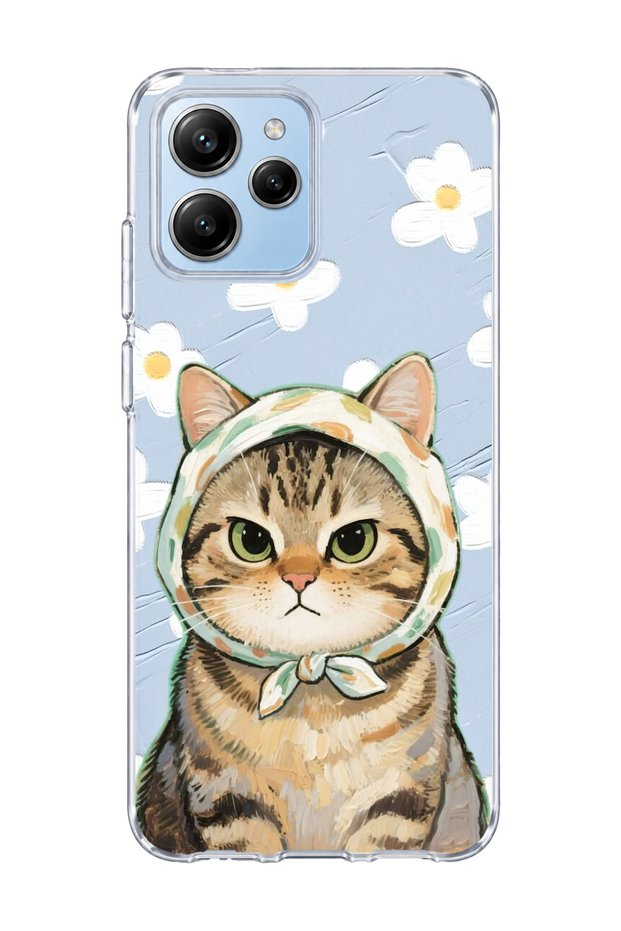 Redmi 12 Compatible Scarf Cat Daisy Printed Transparent Phone Case