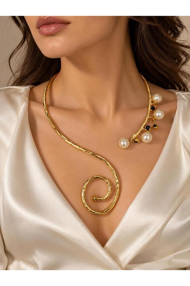 Gold Color Pearl Detailed Spiral Design Asymmetrical Handmade Modern Stylish Women's Necklace