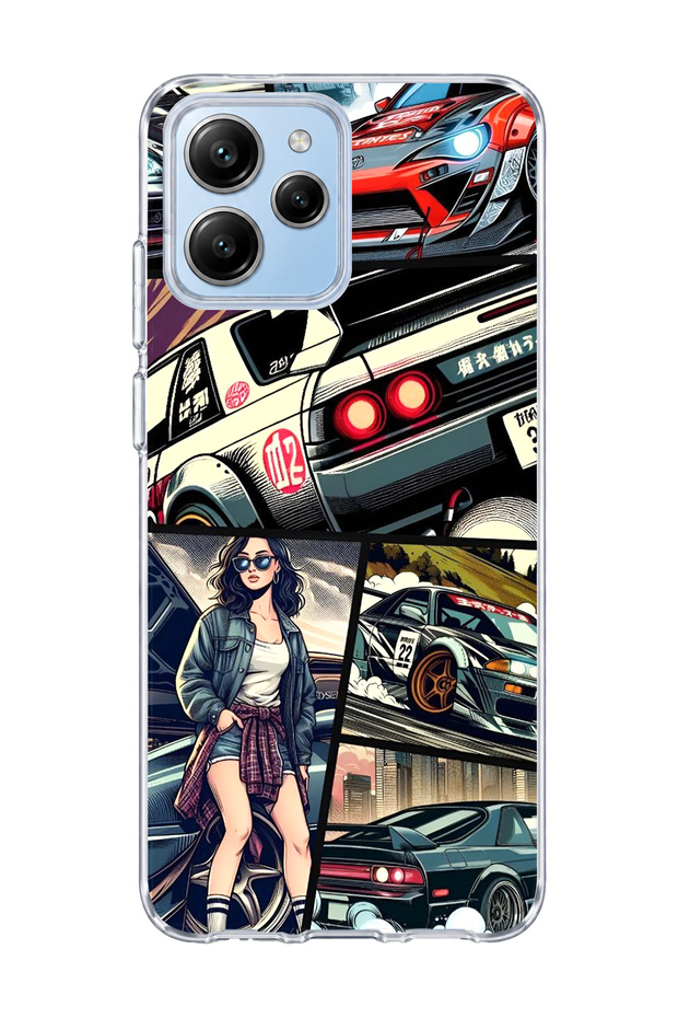 Redmi 12 Compatible Racing Car Comic Printed Transparent Phone Case