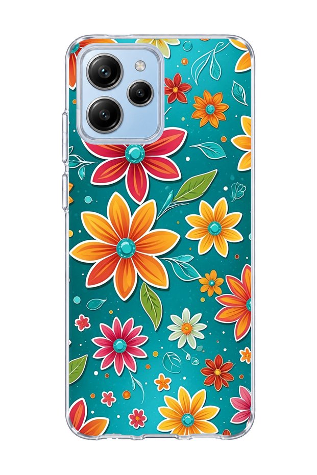 Poco M6 Pro 5g Compatible Colorful Flower Turquoise Printed Transparent Phone Case