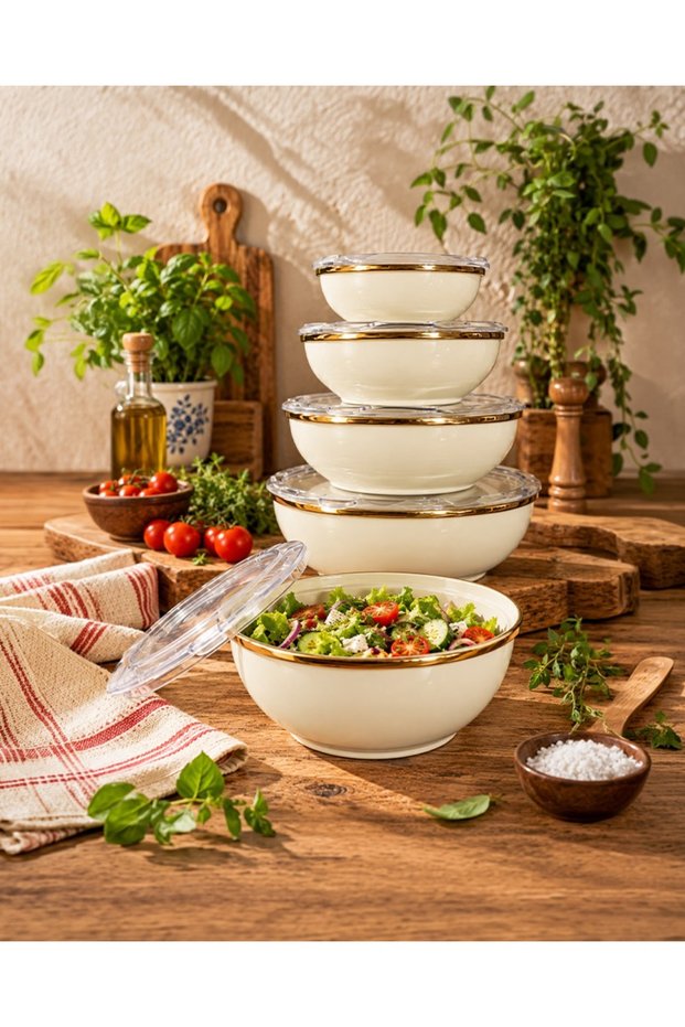 Enamel Storage Container Set Cream Gold Detail 5-Piece 12 cm 14 cm 16 cm 18 cm 20 cm Vacuum Lid