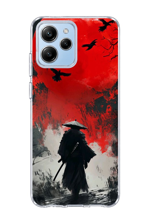 Poco M6 Pro 5g Compatible Samurai Red Sun Crow Printed Transparent Phone Case