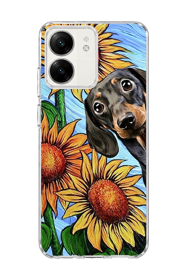 Redmi 13C Compatible Sausage Dog Sunflower Printed Transparent Phone Case