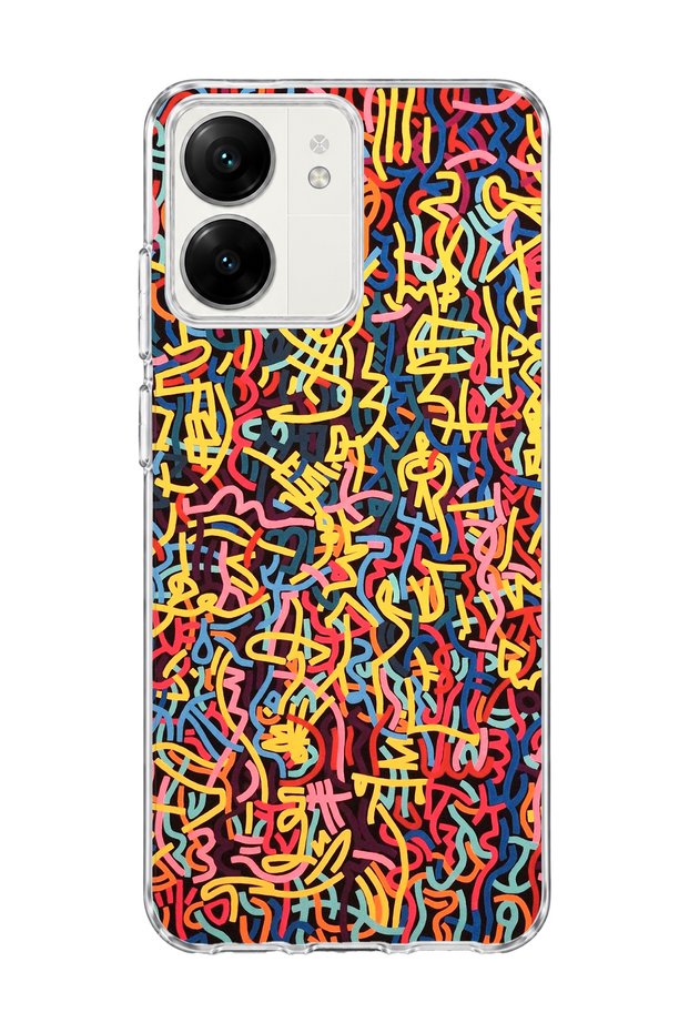 Redmi 13C Compatible Colorful Mixed Line Printed Transparent Phone Case