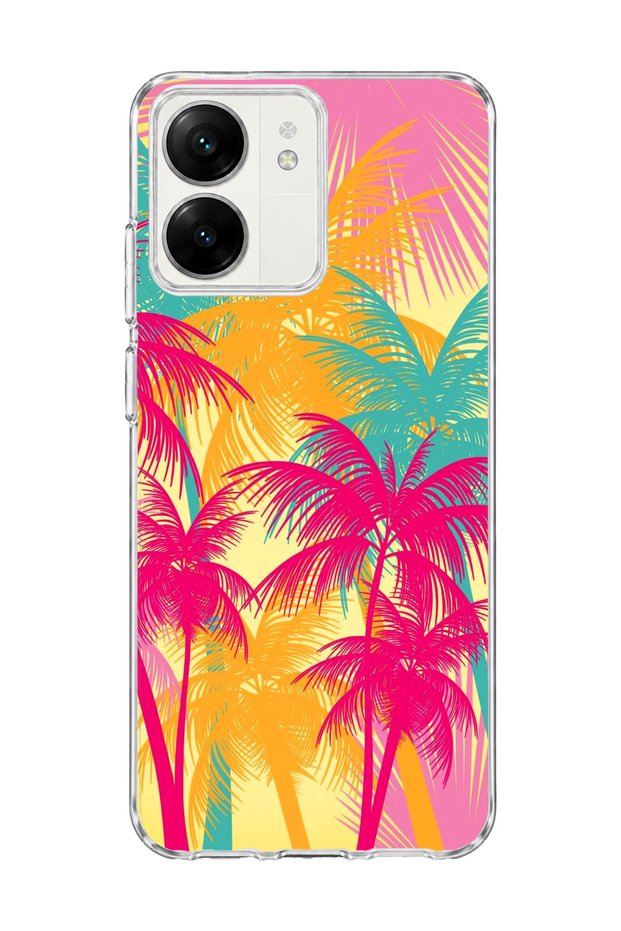 Redmi 13C Compatible Pink Yellow Palm Tree Printed Transparent Phone Case
