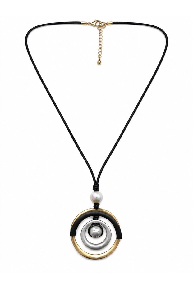Ring Shaped Gold Silver Pearl Detailed Leather Cord Necklace