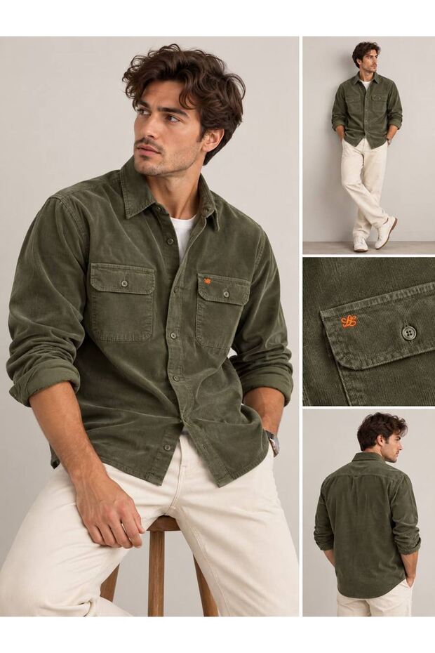 Men's Khaki Soft Textured Velvet Shirt with Double Pocket Detail