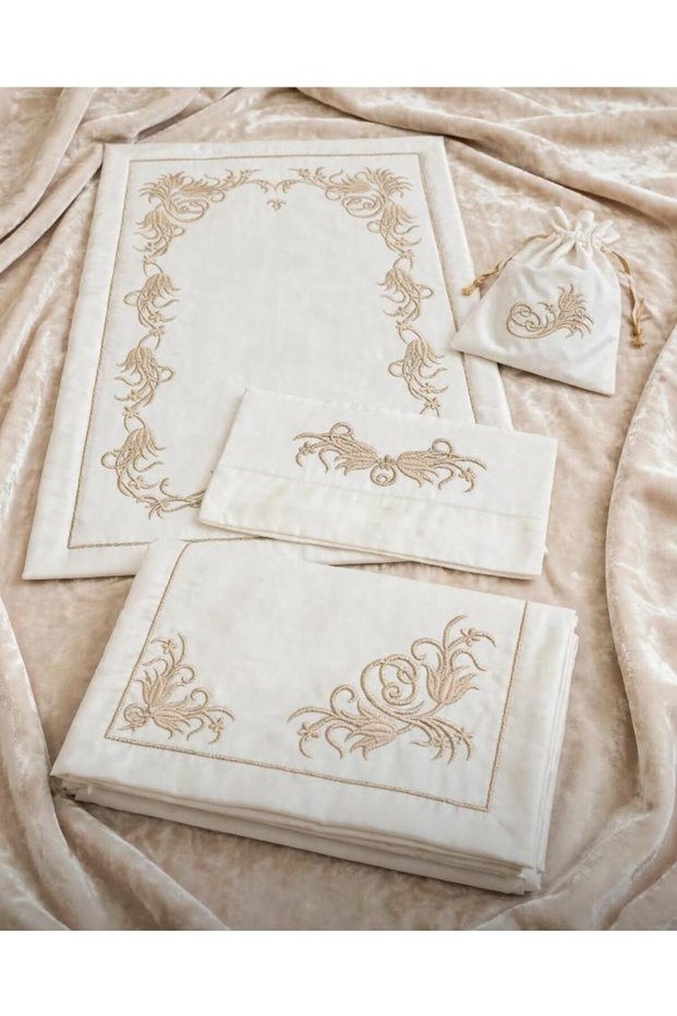 Maraş Handmade Prayer Rug Towel Bundle Slipper Pouch 4 Piece Set Dowry Box Embroidered Promise Engagement Gift Ecru Gold